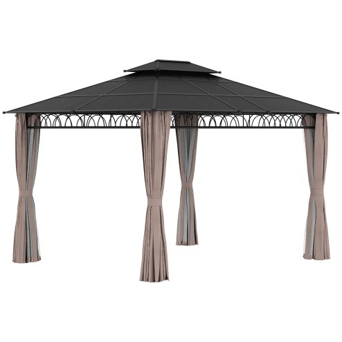 Outsunny 3.6 x 3 (m) Outdoor Polycarbonate Gazebo, Double Roof Hard Top Gazebo with Galvanised Steel Frame, Nettings & Curtains for Garden, Lawn, Patio and Deck