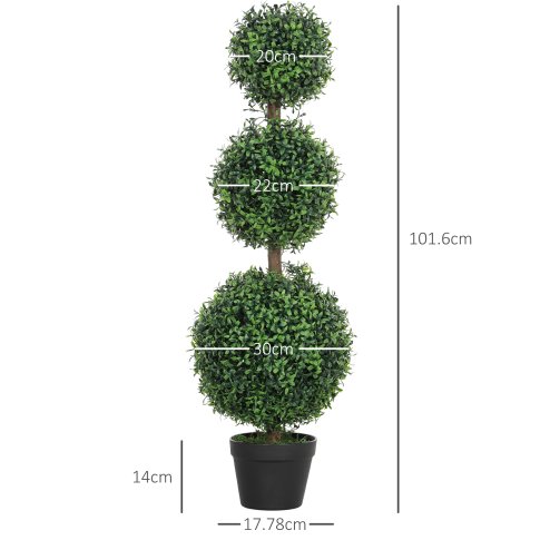 HOMCOM Set of 2 Decorative Artificial Trees, Topiary Ball-shaped Boxwood Trees in Pot, Fake Plants for Home Indoor outdoor Decor, 100cm, Green