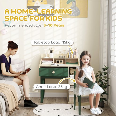 AIYAPLAY Kids Desk and Chair Set, Children Study, Table and Chair Set with Storage Shelves, Drawer, Kids Table and Chair Set for 3-10 Years, Green