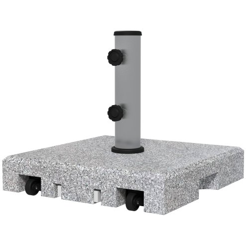 Outsunny 28kg Granite Parasol Base, Heavy Duty Square Umbrella Stand with Wheels and Retractable Handle, Parasol holder for 32mm, 38mm, 48mm Poles, Grey