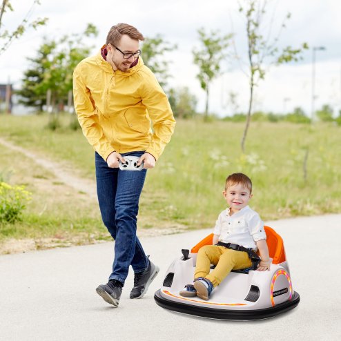 AIYAPLAY Kids Bumper Car, 360-Degree Rotation 12V Waltzer Car, Battery Powered Ride On Toy with Remote Control, Dual Joysticks, Music, USB, LED Lights, Horn for Boys Girls, Orange