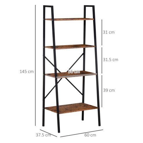 HOMCOM Ladder Shelf, Bookshelf, 4-Tier Industrial Storage Rack for Living Room, Bedroom, Kitchen