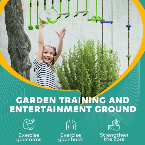 AIYAPLAY Obstacle Course for Kids, 32.8ft 10 Piece Zip Line Stackline for Kids, with 2 Monkey Bars, 2 Gym Rings, Rope Ladder, Nest Swing, Tree Protector, 2 Bags, Hanging Tray, 2 Rope Knots