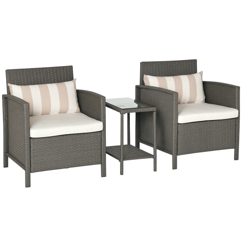 Outsunny 3 Pieces Rattan Bistro Set, Wicker Garden Furniture Set, Glass Top 2-tier Coffee Table and Chairs Set with Pillows and Washable Cushions for Outdoor, Patio, Balcony, Light Grey