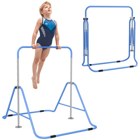 HOMCOM Kids Gymnastic Bar, Foldable Horizontal Bars w/ Adjustable Height, Training Bar w/ Triangle Base - Blue Image
