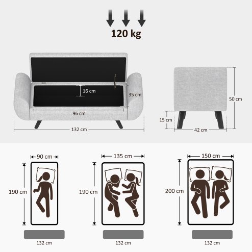 HOMCOM Storage Ottoman with Armrest, Upholstered Linen Storage Bench, Window Seat with Rubberwood Legs, Footstool for Bedroom Living Room, Hallway, Light Grey