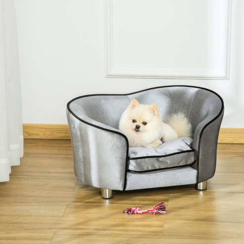 PawHut Dog Sofa Bed for Miniature Dogs, Pet Chair Couch Kitten Lounge with Soft Washable Cushion, Thick Sponge, Wooden Frame, Storage Pocket, 69 x 49 x 38cm - Silver-Tone