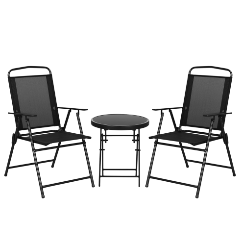 Outsunny Garden Bistro Set, 3 Pieces Table and Chairs Set, Outdoor Garden Furniture with Foldable Breathable Mesh Fabric Armchairs & Glass Top Coffee Table, Black