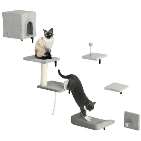 PawHut Cat Wall Shelves, 6-Piece Cat Wall Furniture Set with Condo, Platforms, Sisal Scratching Post, Bed and Toy Ball, for Climbing, Sleeping, Playing, Grey