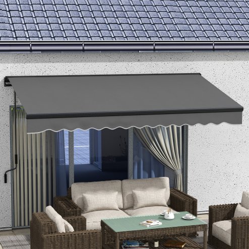 Outsunny 3.5 x 2.5m Electric Awning with Remote Controller, Aluminium Frame Retractable Awning, Half Cassette Sun Canopies for Patio Deck Door Window, Dark Grey