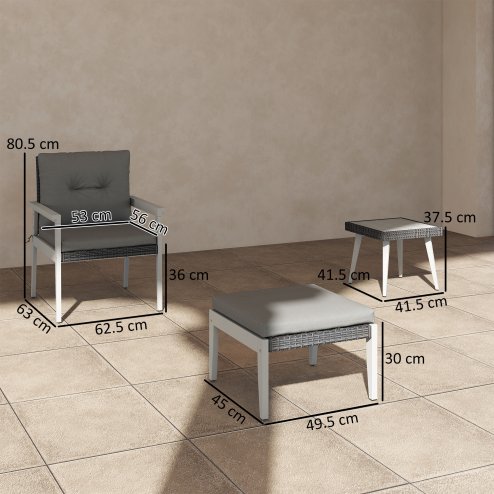 Outsunny 5 Pieces Rattan Garden Furniture Set, Patio Conversation Set with Cushions, Acacia Wood Top Coffee Table and Footstools, Outdoor Table and Chairs for Balcony, Terrace and Conservatory, Grey