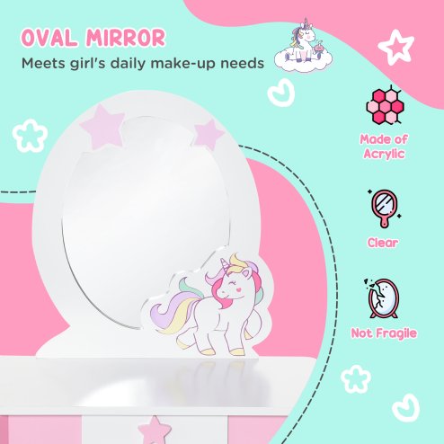 HOMCOM Girls Dressing Table with Mirror, Stool, Kids Dressing Table, Unicorn-Designed Play Toy for Toddles Girls Age 3-6 Years, Acrylic Mirror, Pink and White