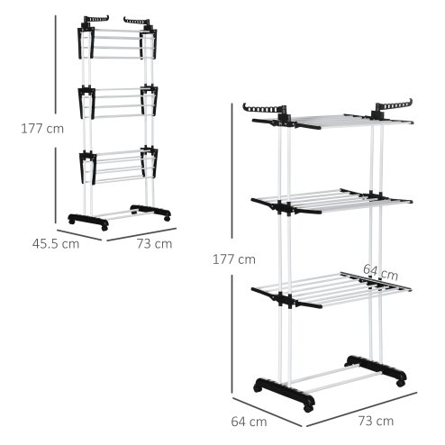 HOMCOM 4-Tier Clothes Airer, Foldable Clothes Drying Rack with Wheels and Wings, Steel Garment Laundry Rack for Indoor and Outdoor Use, Black