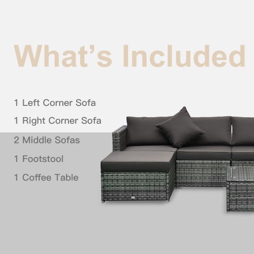 Outsunny 6 Pieces Rattan Garden Furniture Set, 5 Seater Sectional Garden Corner Sofa Set with Glass Top Coffee Table, Cushions and Pillows, All-Weather Wicker Conversation Furniture, Grey
