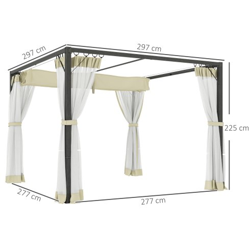 Outsunny 3 x 3 m Pergola with Retractable Roof Canopy and Netting Sidewalls, Aluminium Frame Garden Gazebo Outdoor Sun Shade Shelter for Grill, Patio, Deck, Khaki