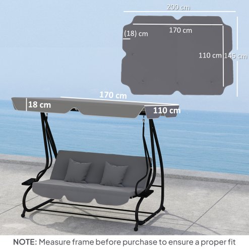 Outsunny Garden Swing Canopy Replacement 3 Seater, Waterproof Garden Swing Seat Canopy Cover, Windproof Anti-UV Sun Shade (Canopy Only) for Patio, Balcony, Dark Grey