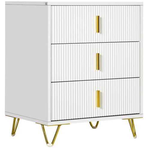 HOMCOM Modern 3 Drawer Dresser, Fluted Bedroom Dresser Chest of Drawers with Metal Legs and Steel Handles for Bedroom, White