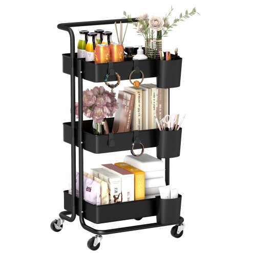 HOMCOM 3 Tier Utility Rolling Cart, Kitchen Cart with 3 Removable Mesh Baskets, 3 Hanging Box, 4 Hooks and Dividers for Living Room, Laundry, Garage, Black