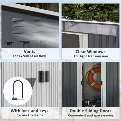 Outsunny 6.5 x 4FT Galvanised Metal Garden Shed with Foundation Kit, Lockable Tool Storage House with Double Sliding Doors and 2 Vents, Grey