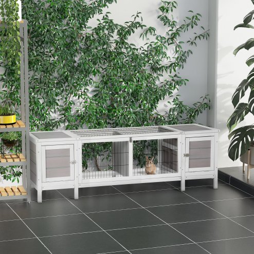PawHut Wooden Rabbit Hutch Separable Guinea Pig Hutch Bunny Run Small Bunny House for Indoor Use w/ Slide Out Tray, 161 x 50.5 x 53.3cm - (Grey) Image