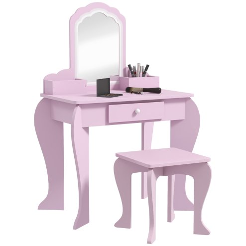 ZONEKIZ Kids Dressing Table, Kids Vanity Table, Girls Dressing Table with Mirror, Stool, Drawer, Storage Boxes, Cloud Design, for Ages 3-6 Years - Pink Image