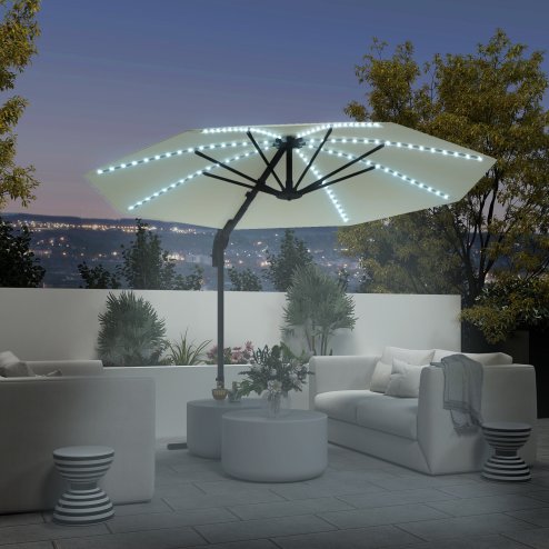 Outsunny 3(m) Cantilever Garden Parasol with Solar Powered Lights, Fibreglass Ribs, Crank Handle & Cross Base, UPF 50+, 360 Rotation, Overhanging Patio Umbrella for Patio Market, Cream