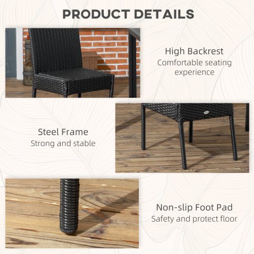 Outsunny 2 Pieces PE Rattan Garden Chairs with Cushion, Patio Wicker Dining Chairs with Backrest for Patio, Deck, Garden, Black