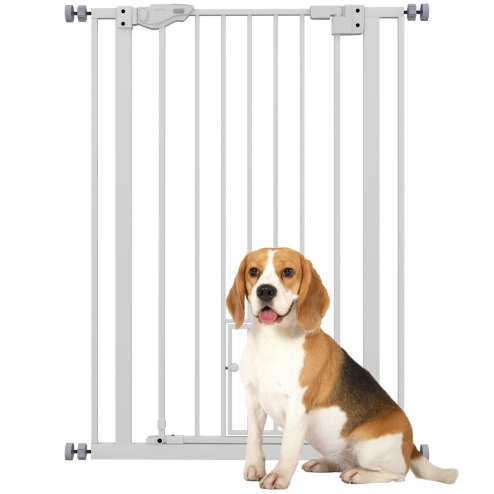 PawHut Extra Tall Dog Gate with Cat Flap, Pet Safety Gate for Doorways Stairs with Auto Close Double Locking, 104 cm Tall 74-80 cm Wide, White