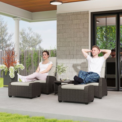 Outsunny 5 Pieces PE Rattan Garden Furniture Set, Wicker Outdoor Furniture Set with Reclining Chairs, Coffee Table, Footstools and Thick Cushions for Balcony, Patio, Brown