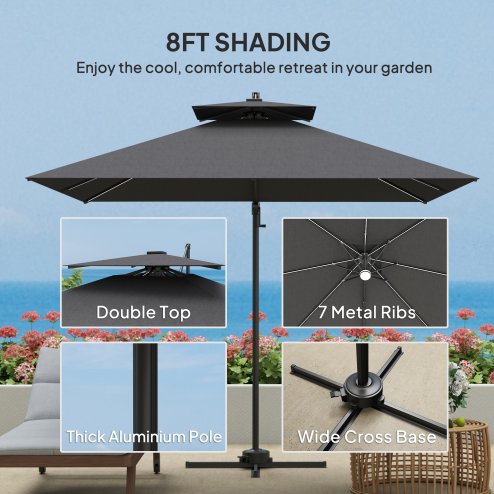 Outsunny 2.5m Cantilever Parasol with Solar Powered LED Lights, Double Top Square Overhanging Garden Parasol with 360?? Rotation, Tilt Adjustment, Crank Handle, Dark Grey
