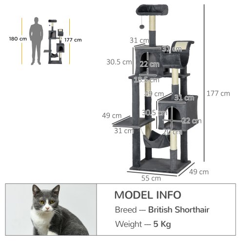 PawHut 177cm Cat Tree for Indoor Cats, Mult-level Kitten Climbing Tower, with Scratching Posts, Two Cat Houses, Perches, Toy Ball - Dark Grey