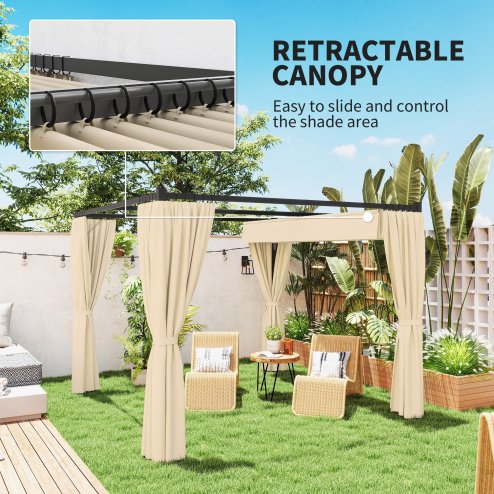 Outsunny 3 x 3(m) Pergola with Retractable Roof Canopy and Curtains, Metal Frame Garden Gazebo Outdoor Sun Shade Shelter for Grill, Patio, Deck, Khaki