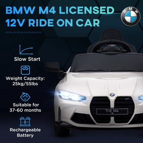 AIYAPLAY BMW M4 Licensed Electric Car for Kids, 12V Kids Electric Ride on with Remote Control, Suspension, Music, Horn, LED Lights, for Ages 3-5 Years, White