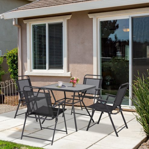 Outsunny 5-Piece Garden Dining Set with 4 Foldable Armchairs, Outdoor Furniture Set with Parasol Hole and Wood-plastic Composite Top Dining Table, Mesh Seat, Black