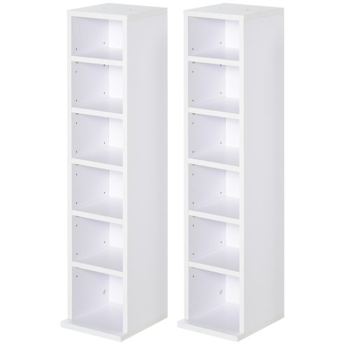 HOMCOM 204 CD Media Display Shelf Unit Set of 2 Blu-Ray Tower Rack w/ Adjustable Shelves Bookcase Storage Organiser, White