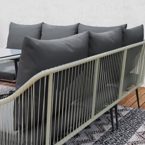 Outsunny 6 Pieces Rattan Garden Furniture Set, Garden Corner Sofa with Thickened Cushions, Outdoor Dining Set with Glass Top Dining Table, Loveseats and Footstools for Conservatory, Light Grey
