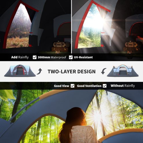 Outsunny 5-6 Man Dome Camping Tent Hiking Shelter UV Protection 3000mm Water Resistant Tunnel Tent - Grey