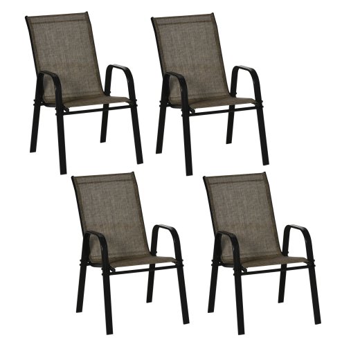 Outsunny 4 Pieces Garden Chairs, Stackable Outdoor Chairs with High Backrest and Armrest, Breathable Mesh Fabric Dining Chair Set of 4, Mixed Brown