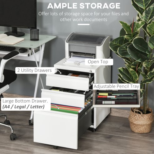 Vinsetto 3-Drawer Filing Cabinet with Lock, Mobile Steel File Cabinet for A4, Legal and Letter Size, Under Desk Drawers with Pre-Assembled Body for Home Office, 39 x 48 x 60 cm, White