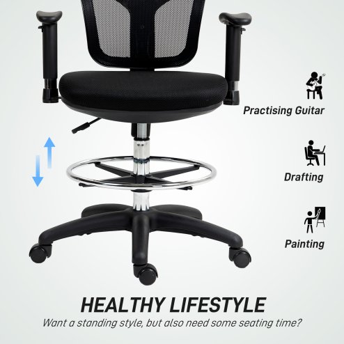 HOMCOM Drafting Chair with Adjustable Armrests, Ergonomic Mesh Office Chair with Lumbar Support, Adjustable Height and Footrest for Standing Desk, Black