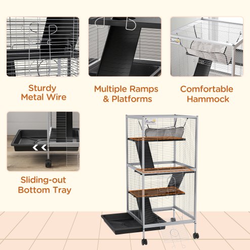 PawHut Small Animal Cage with Wheels Pet Home for Chinchillas Ferrets Kittens, with Hammock, 4 Platforms, Removable Tray, Light Grey