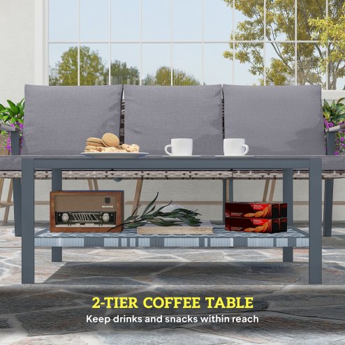 Outsunny 6 Piece Rattan Garden Furniture Set with 3-Seater Sofa, 2 Chairs and 2 Footstools, 7 Seater Outdoor Sofa Set with Glass Top Coffee Table and Cushions for Balcony, Grey
