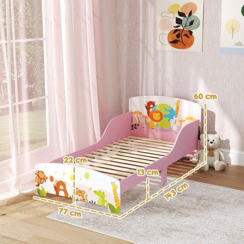 AIYAPLAY Toddler Bed, Cute Animal-Themed Kids Bed Frame with Safety Rails, Kids Bedroom Furniture, 143 x 77 x 60cm, Pink
