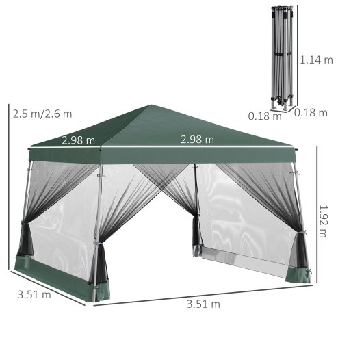 Outsunny Outdoor Garden Pop-up Gazebo Canopy Tent Sun Shade Event Shelter Folding with Adjustable Height, Mesh Screen Side Walls 3.5 M 3.5 M Base / 3 M 3 M Top, Green