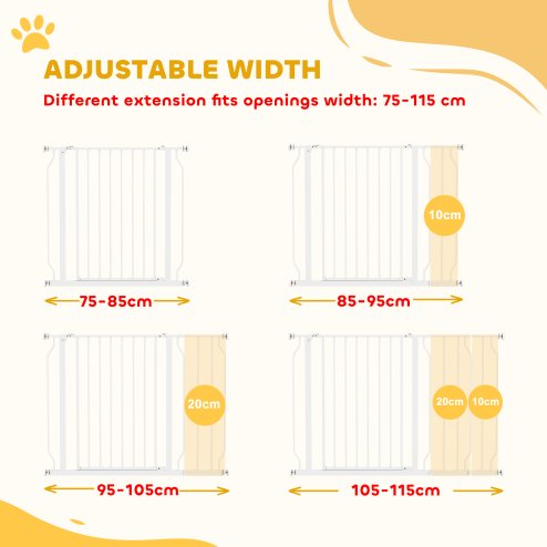 PawHut Dog Gate Wide Stair Gate w/ Door Pressure Fit Pets Barrier for Doorway, Hallway, 76H x 75-115W cm - White