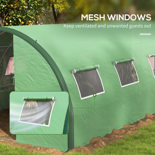 Outsunny 6 x 3(m) Walk-in Polytunnel Greenhouse with Upgraded Structure, 2 Hinged Doors, 8 Mesh Windows, Tunnel Warm House Tent with UV-resistant PE Cover, Green