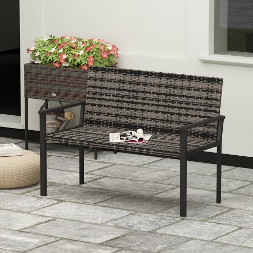 Outsunny 2 Seater Rattan Garden Bench, Outdoor Bench with Quick-Drying Cotton Padding, Wicker Garden Loveseat with Armrests, Steel Frame for Patio, Park, Mixed Grey