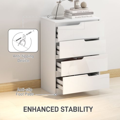 HOMCOM Modern Chest of Drawer with 4 Drawers, High Gloss Dresser for Bedroom, Living Room, 60 x 40 x 85cm, White