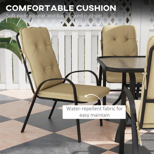 Outsunny 7 Pieces Garden Dining Set, Outdoor Rectangular Dining Table and 6 Cushioned Armchairs, Tempered Glass Top Table w/ Umbrella Hole, Texteline Seats, Beige