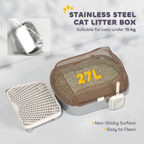 PawHut Stainless Steel Litter Box with Lid, Metal Cat Litter Tray for Big Cats with High Wall Sided Enclosure, Pedal, Scoop, Non-Sticky, Anti-Leakage, Easy Cleaning